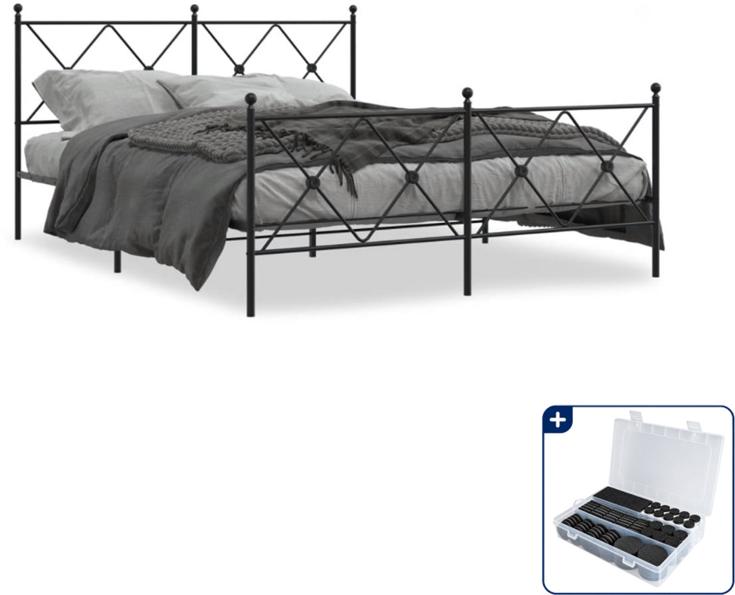 vidaXL bedframe - 150 x 200 cm - metaal - zwart - Inclusief antikrasvilt 177-delig