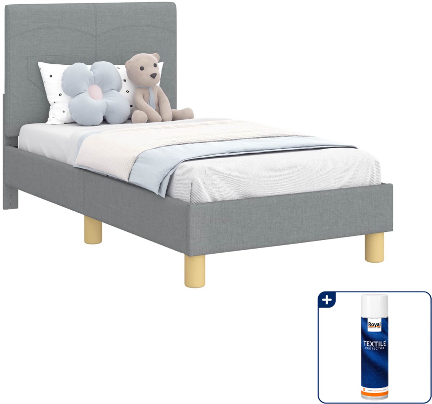 vidaXL peuterbedframe met hoofdbord - 70 x 140 cm - bewerkt hout - lichtgrijs - Inclusief textielbeschermer 500 ml