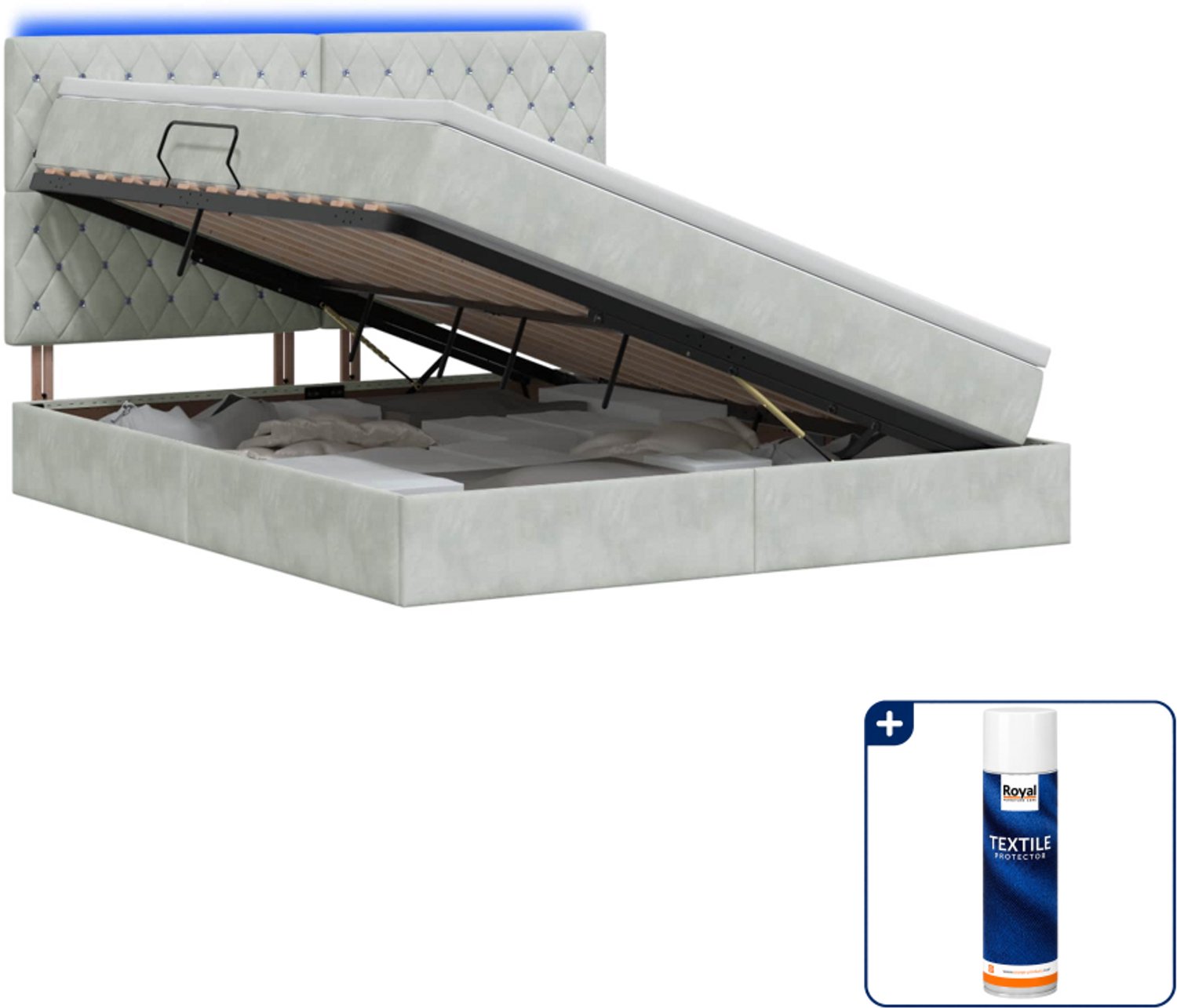 vidaXL Kingsize opslagbed met matras - 180 x 200 cm - fluweel - lichtgrijs - Inclusief textielbeschermer 500 ml