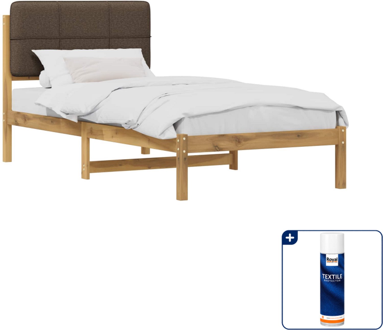 vidaXL Bedframe - 75 x 190 cm - acaciahout - whitewash en taupe - Inclusief textielbeschermer 500 ml Bruin