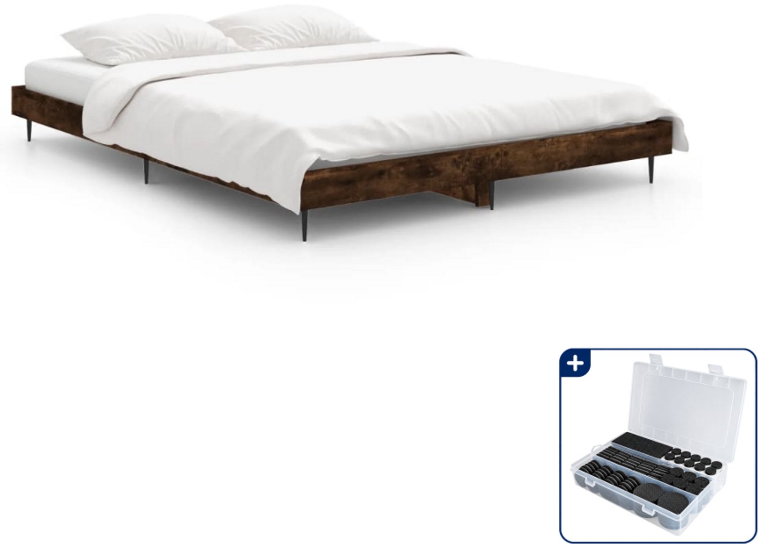 vidaXL Bedframe - 140 x 190 cm - bewerkt hout - gerookt eiken - Inclusief antikrasvilt 177-delig Bruin