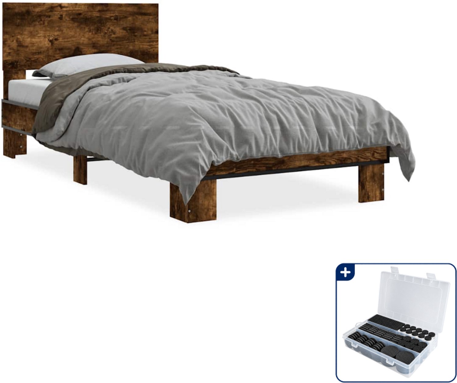 vidaXL bedframe - 75 x 190 cm - bewerkt hout en metaal - gerookt eiken - Inclusief antikrasvilt 177-delig Bruin