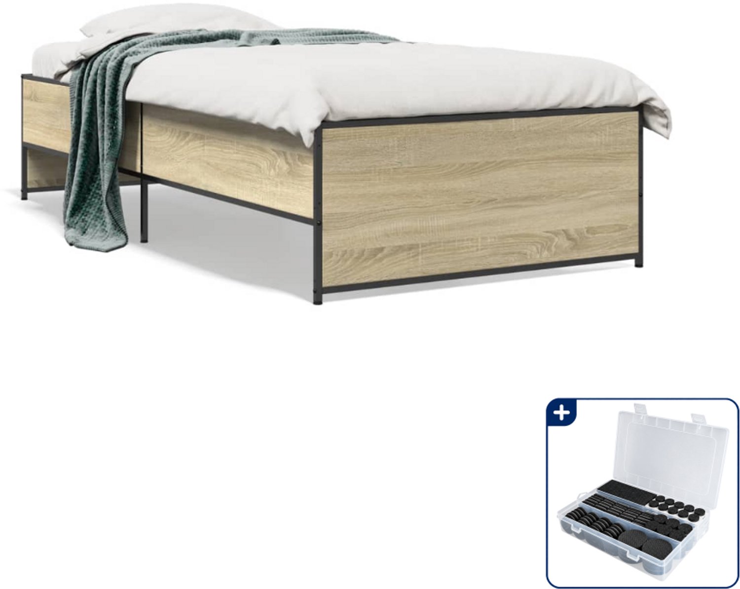 vidaXL bedframe - 90 x 200 cm - bewerkt hout en staal - sonoma eiken - Inclusief antikrasvilt 177-delig Bruin