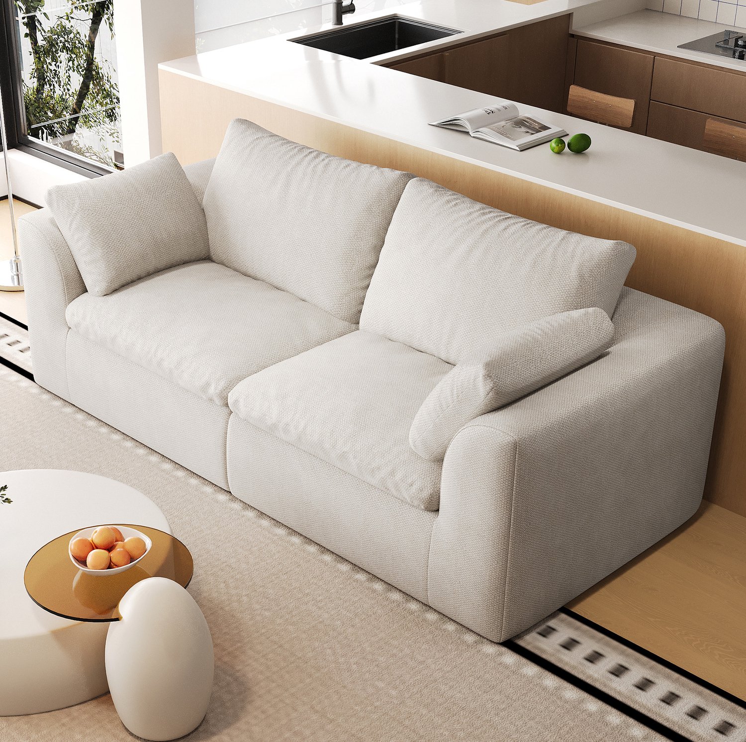 MODENUIT Zitbank 180 x 90 x 83 cm - Tweezitsbank Met Schuimvulling - Woonkamer - Linnen - Beige-Wit