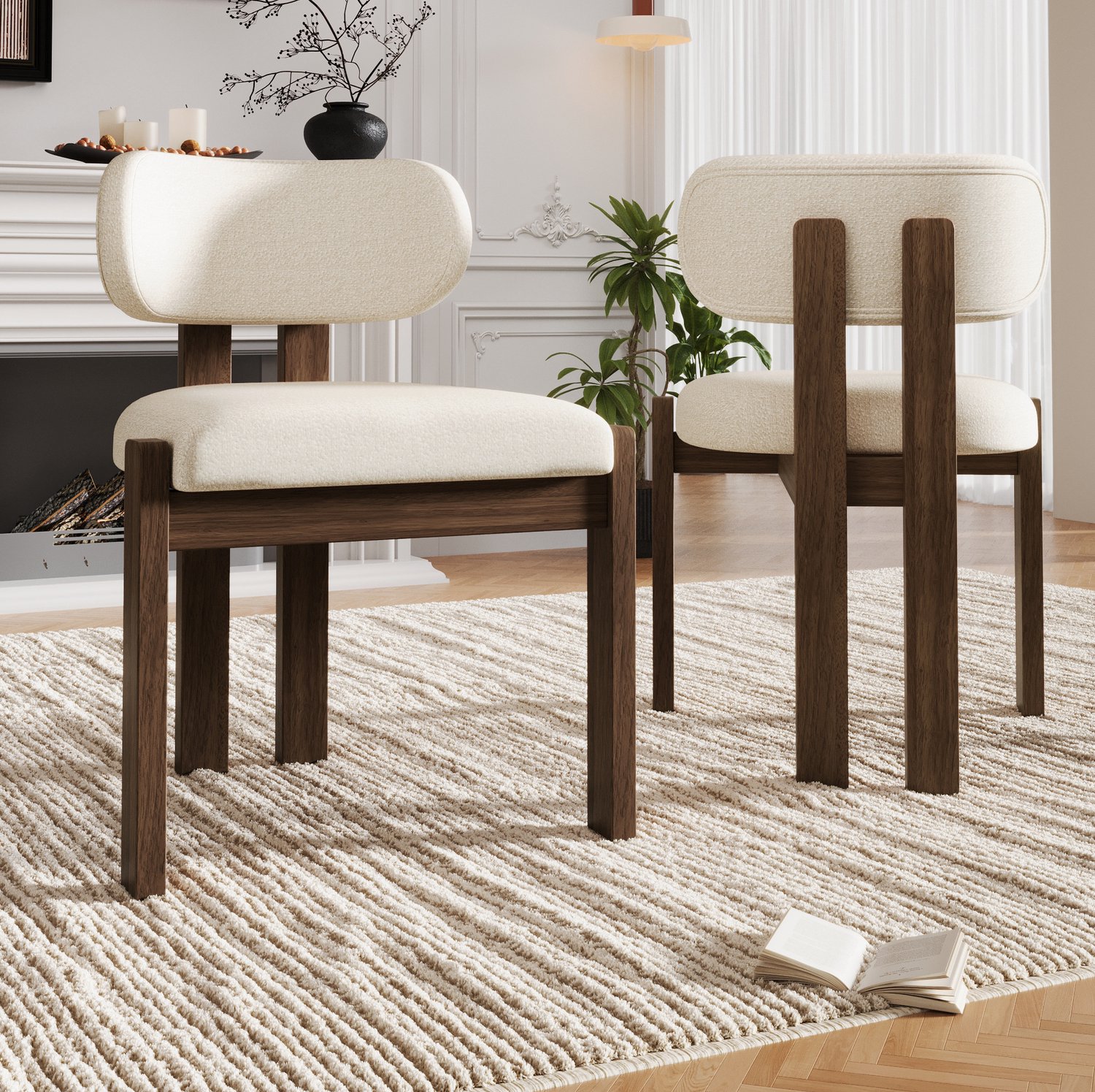 DESMIU Eetkamerstoelen 54 x 54 x 79 cm - Set van 2 - Zachte Bouclé Bekleding - Voor Eetkamer, Woonkamer en Café - Hout - Walnootkleur Walnootkleurig