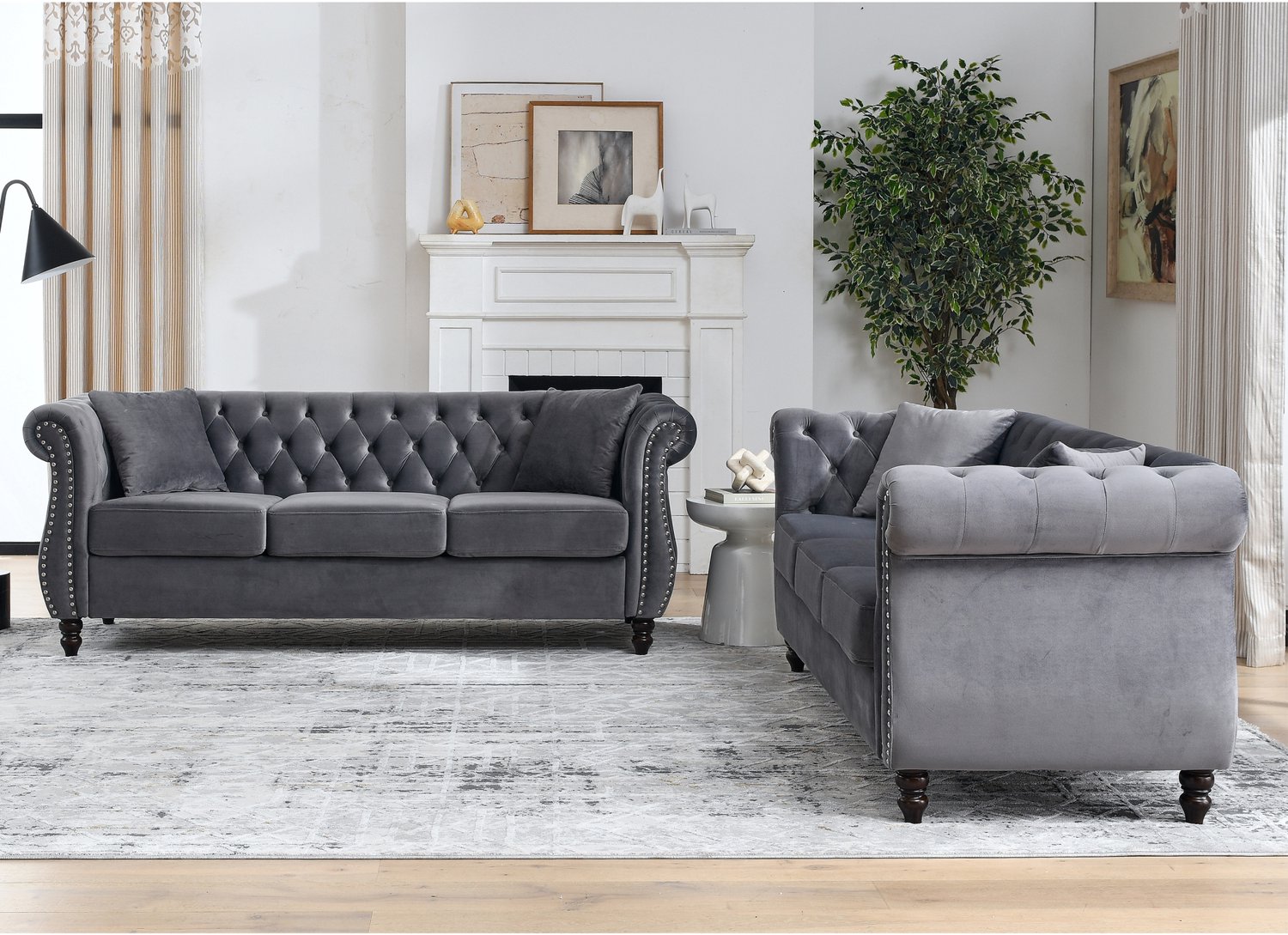 MODENUIT Chesterfield Bank 203 x 73,6 x 76 cm - Gecapitonneerde Rugleuning - Woonkamer - Fluweel - Grijs