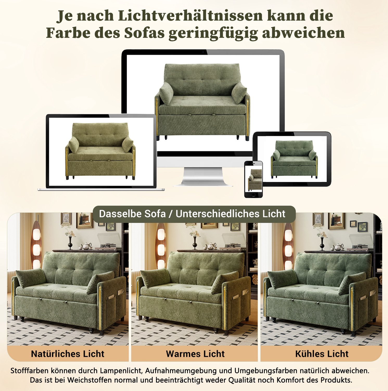 OKWISH Slaapbank 2-Zits 125 x 83 x 93 cm - Uitschuifbaar Bed en Verstelbare Rugleuning - Woonkamer en Logeerkamer - Chenille - Groen