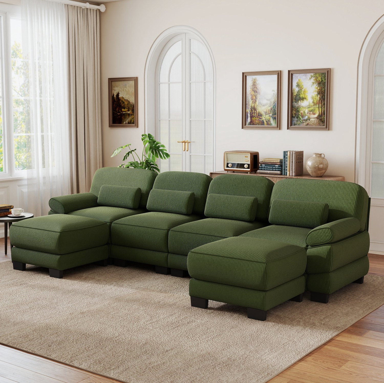 OKWISH U-bank 336 x 161 x 94 cm - Modulaire 4-zitsbank met 2 Voetenbanken - Flexibel in L- of U-vorm voor de Woonkamer - Ribstof - Groen