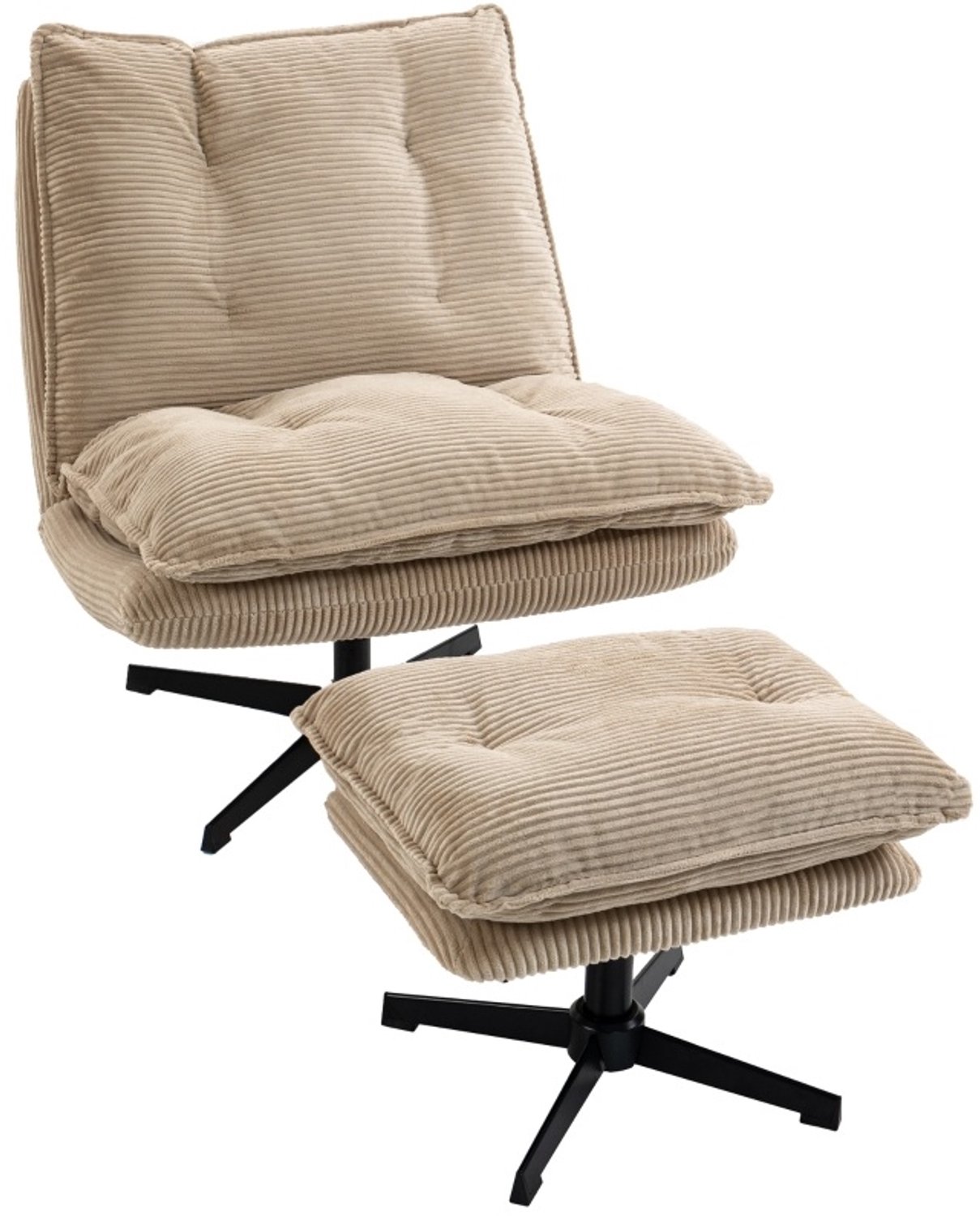 DESMIU Relaxfauteuil 82 x 74 x 89 cm - 360 Graden Draaibaar Met Verstelbare Hocker - Voor Woonkamer En Leeshoek - Polyester Ribstof - Beige