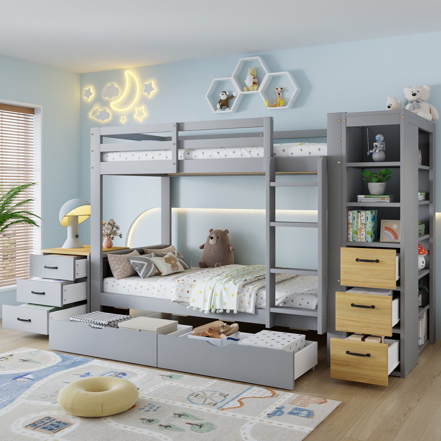Wishdor Stapelbed 90x200 cm - Twee slaapplaatsen met bedladen - Zijkast met open vakken en lades - Los nachtkastje en ladder - Kinderkamer en tienerkamer - Hout en MDF - Grijs en naturel
