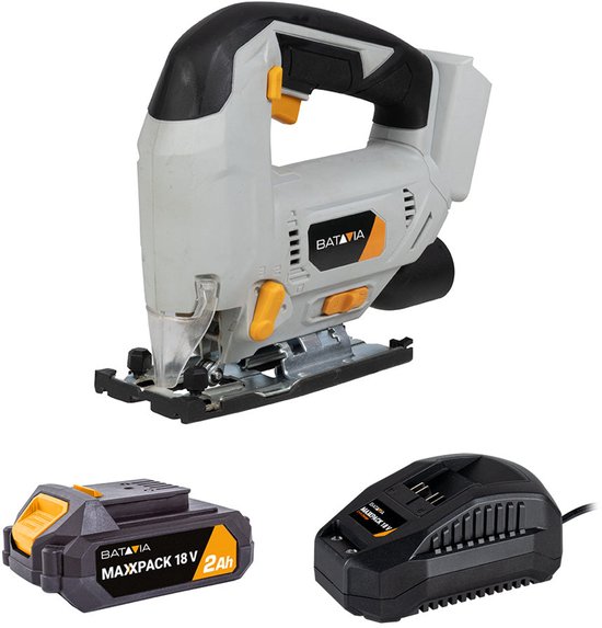 Batavia accudecoupeerzaag, 18V 2Ah accu en lader. Grijs gereedschap met zwarte handgreep en oranje details.