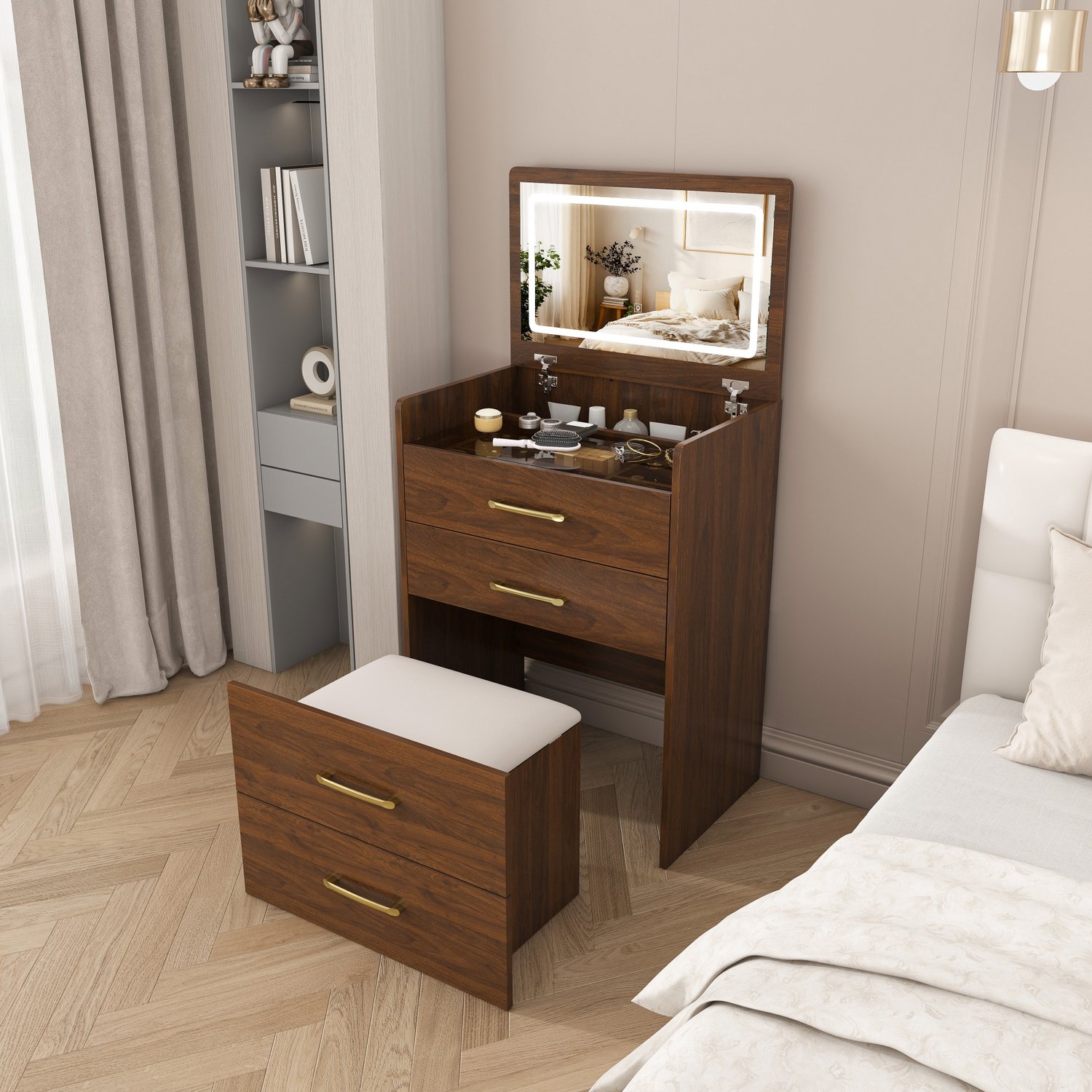 DantefHandels Kaptafel 3-in-1- met open spiegel, compacte kaptafelset met tafelblad van helder glas, compacte kaptafel met 3 lades,B60/H118/T40 cm. walnut