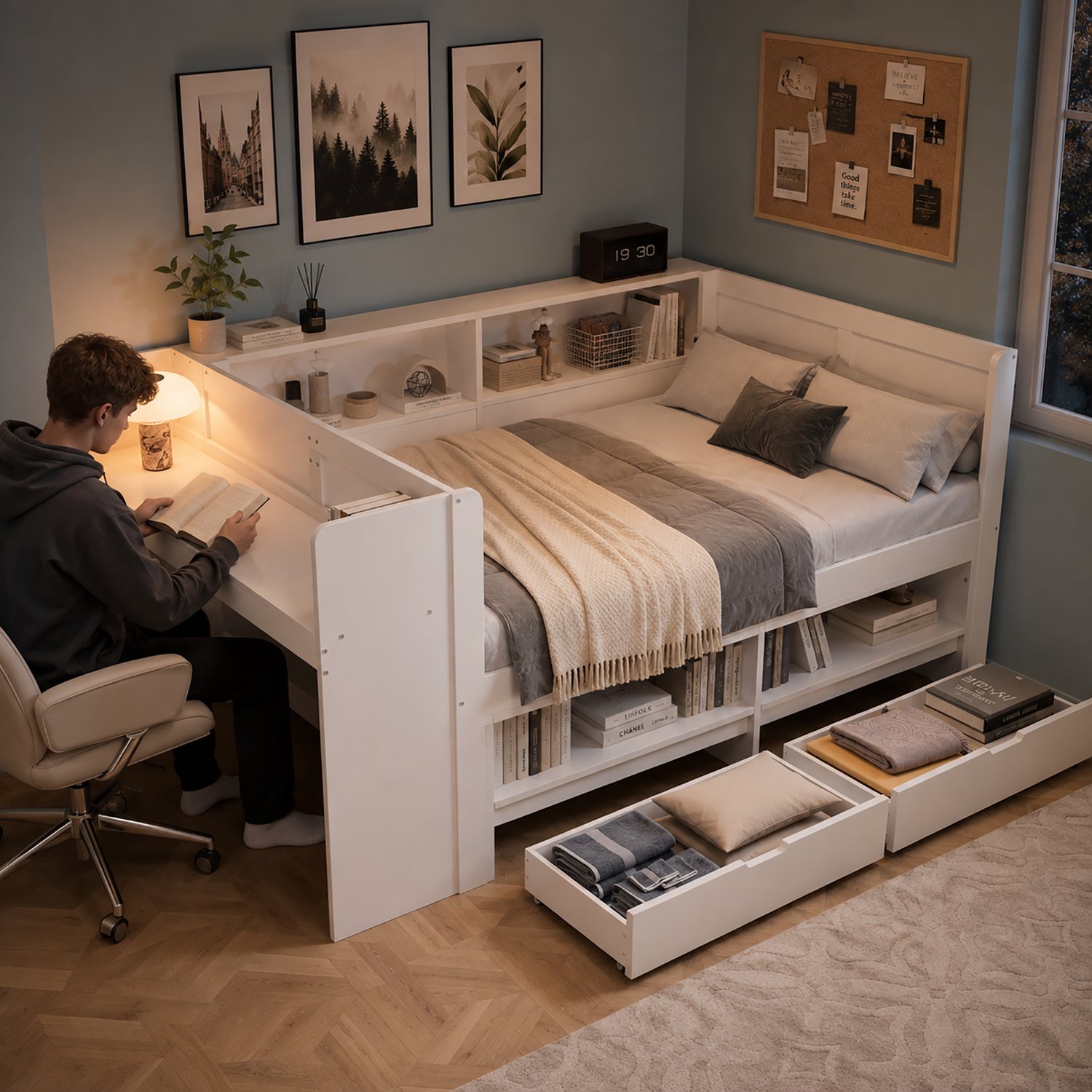 Wishdor Bed 120x200 cm - Met geïntegreerd bureau en opbergruimte - Kast, 2 lades en open vakken - Half omrand bedframe - Voor kinderkamer, tienerkamer en logeerkamer - Grenenhout en MDF - Wit