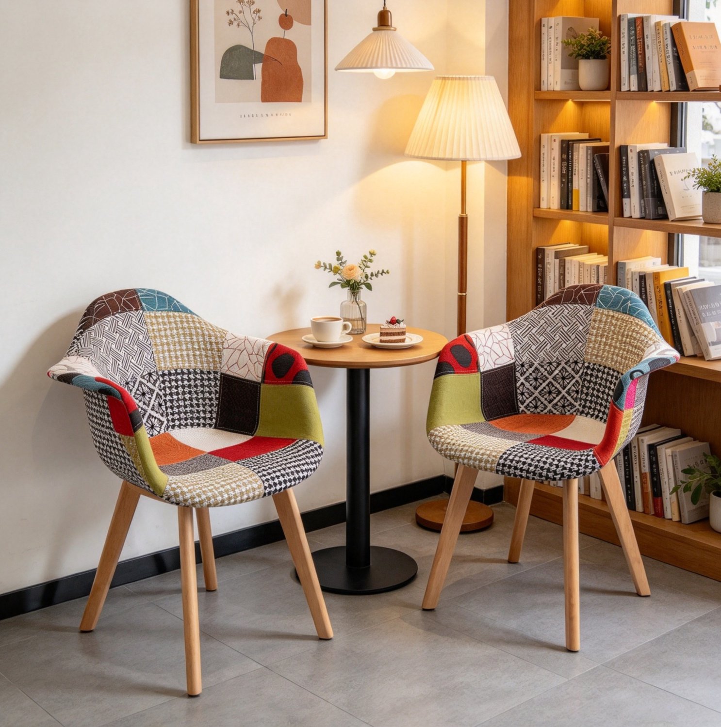 STILVORA Eetkamerstoelen 43 x 47 x 81,5 cm - Set van 2 met Armleuningen en Patchwork - Voor Eetkamer en Werkkamer - Stof en Hout - Rood Meerkleurig