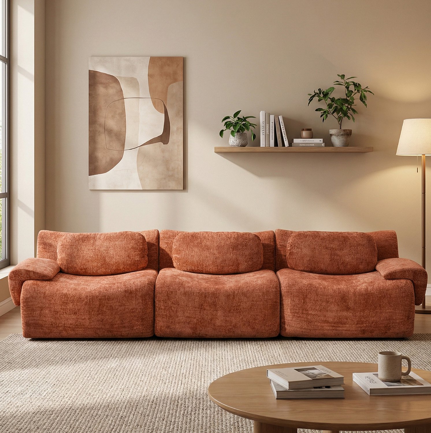 OKWISH Zitbank 288 bij 101 bij 69 cm - 3 Zitplaatsen met Brede Armleuningen en Dikke Zitkussens - Voor de Woonkamer - Chenille - Oranje