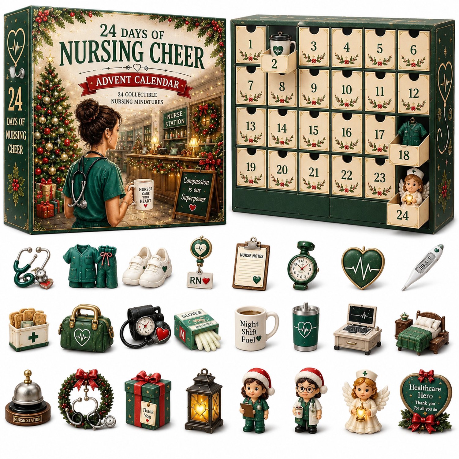 Adventskalender met verpleegkundethema, 24 genummerde lades en decoratieve miniaturen, kerstgeschenk in doos