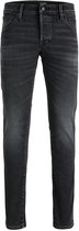 Voorkant van een grijze slim fit jeans met knoopsluiting en JACK & JONES label.