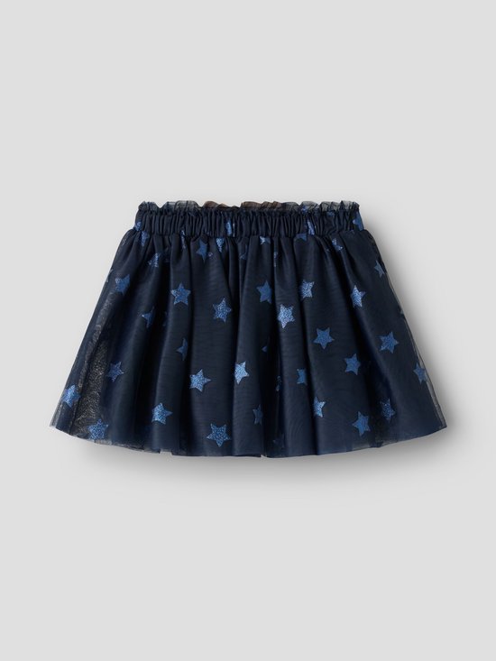Donkerblauwe tule rok met een patroon van glinsterende blauwe sterren en een elastische tailleband.