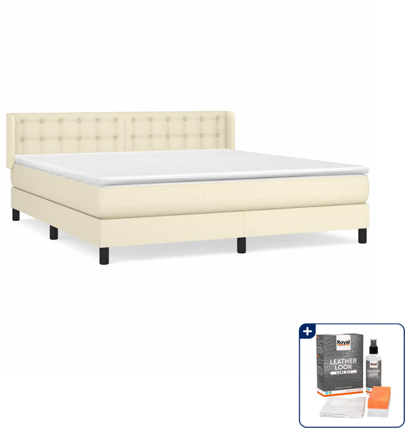 vidaXL boxspring met matras - Queensize - 160 x 200 cm - crème - Inclusief onderhoudsset voor kunstleer 150 ml
