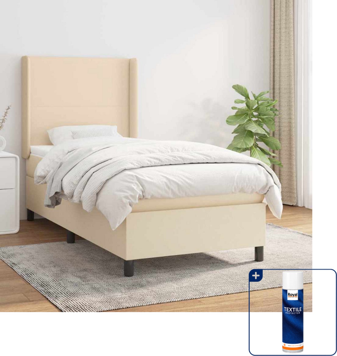 vidaXL boxspring met matras 90 x 200 cm - stof - crèmekleurig - Inclusief textielbeschermer 500 ml