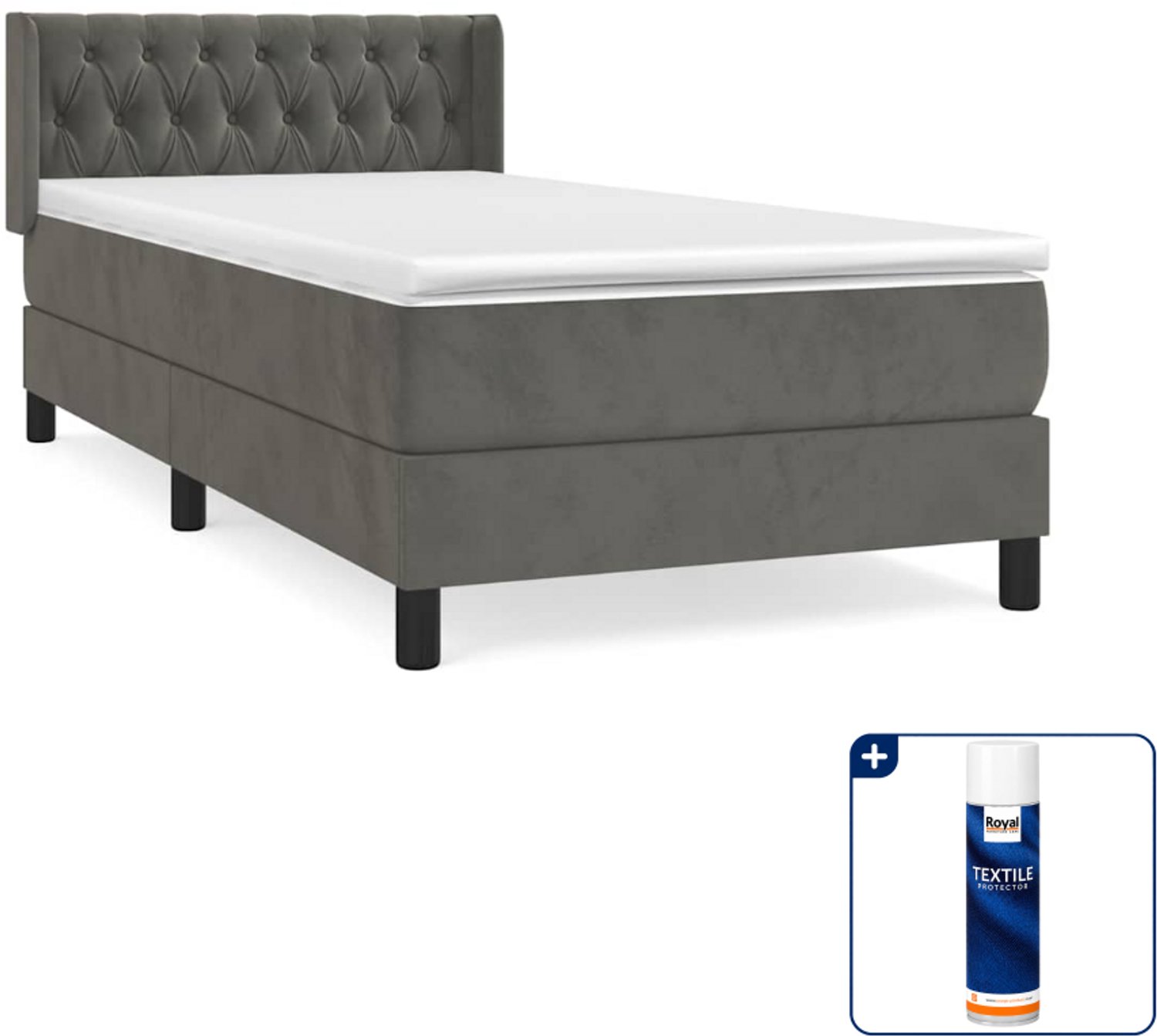 vidaXL boxspring met matras - 90 x 200 cm - fluweel - donkergrijs - Inclusief textielbeschermer 500 ml