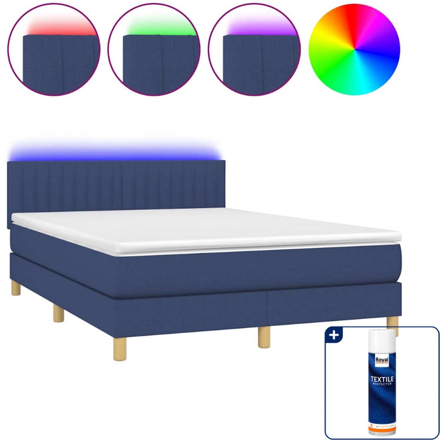 vidaXL Boxspring met matras en LED - 140 x 190 cm - blauw - Inclusief textielbeschermer 500 ml