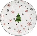 Bovenaanzicht van wit porseleinen bord met kerstboompje en stippel- en sneeuwvlokpatroon.