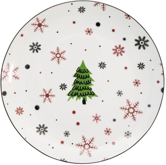 Bovenaanzicht van wit porseleinen bord met kerstboompje en stippel- en sneeuwvlokpatroon.