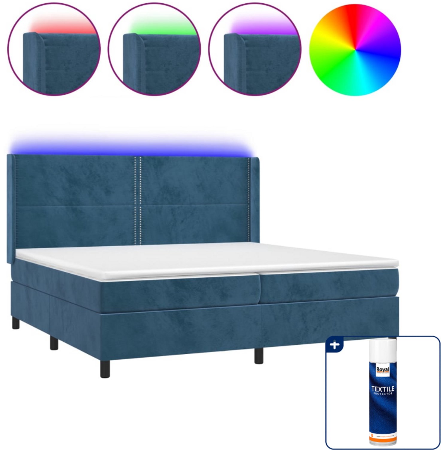 vidaXL boxspring met matras en led - super kingsize - 200x200 cm - fluweel - donkerblauw - Inclusief textielbeschermer 500 ml