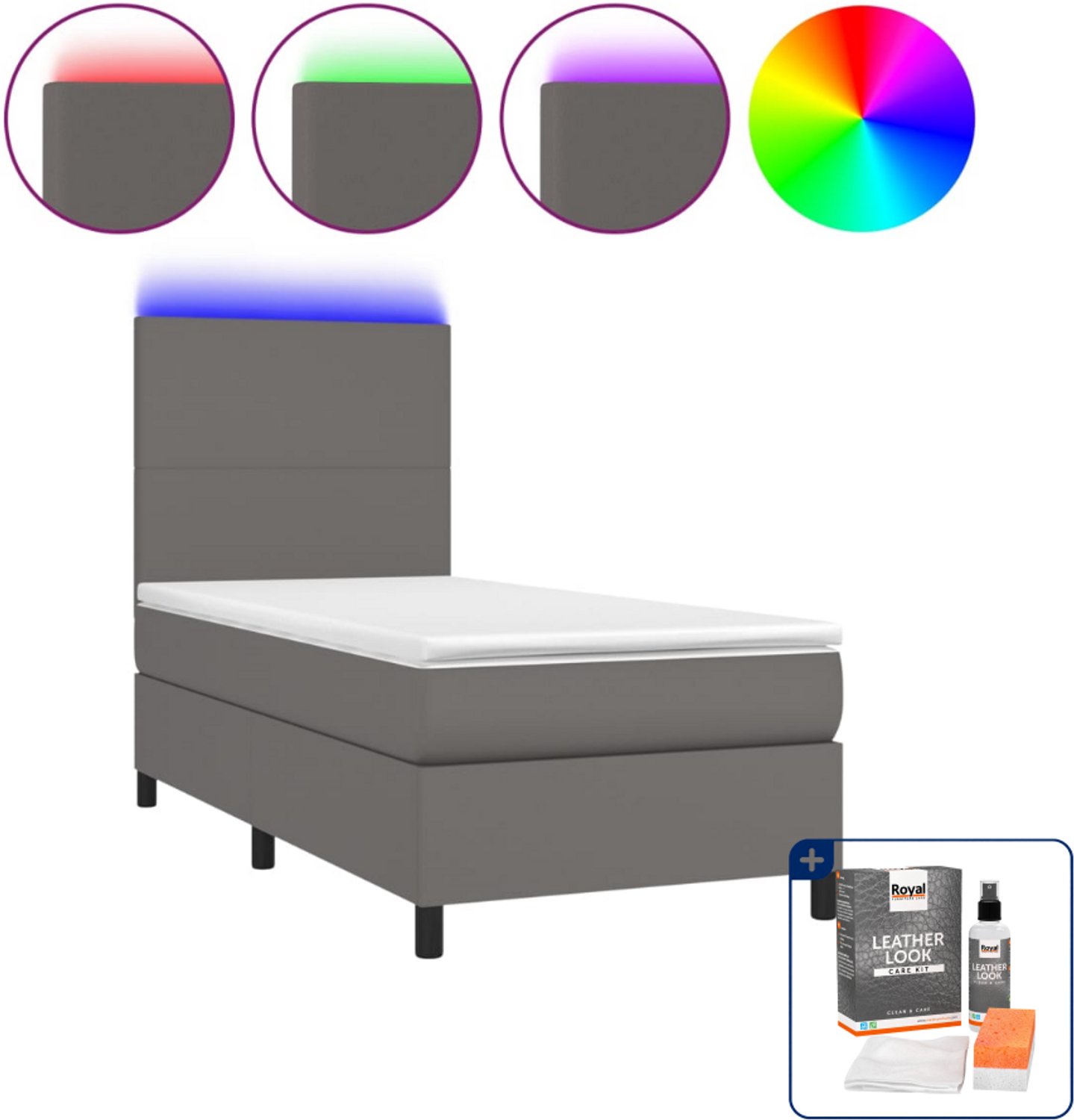 vidaXL boxspring met matras en led - 100 x 200 cm - kunstleer - grijs - Inclusief onderhoudsset voor kunstleer 150 ml