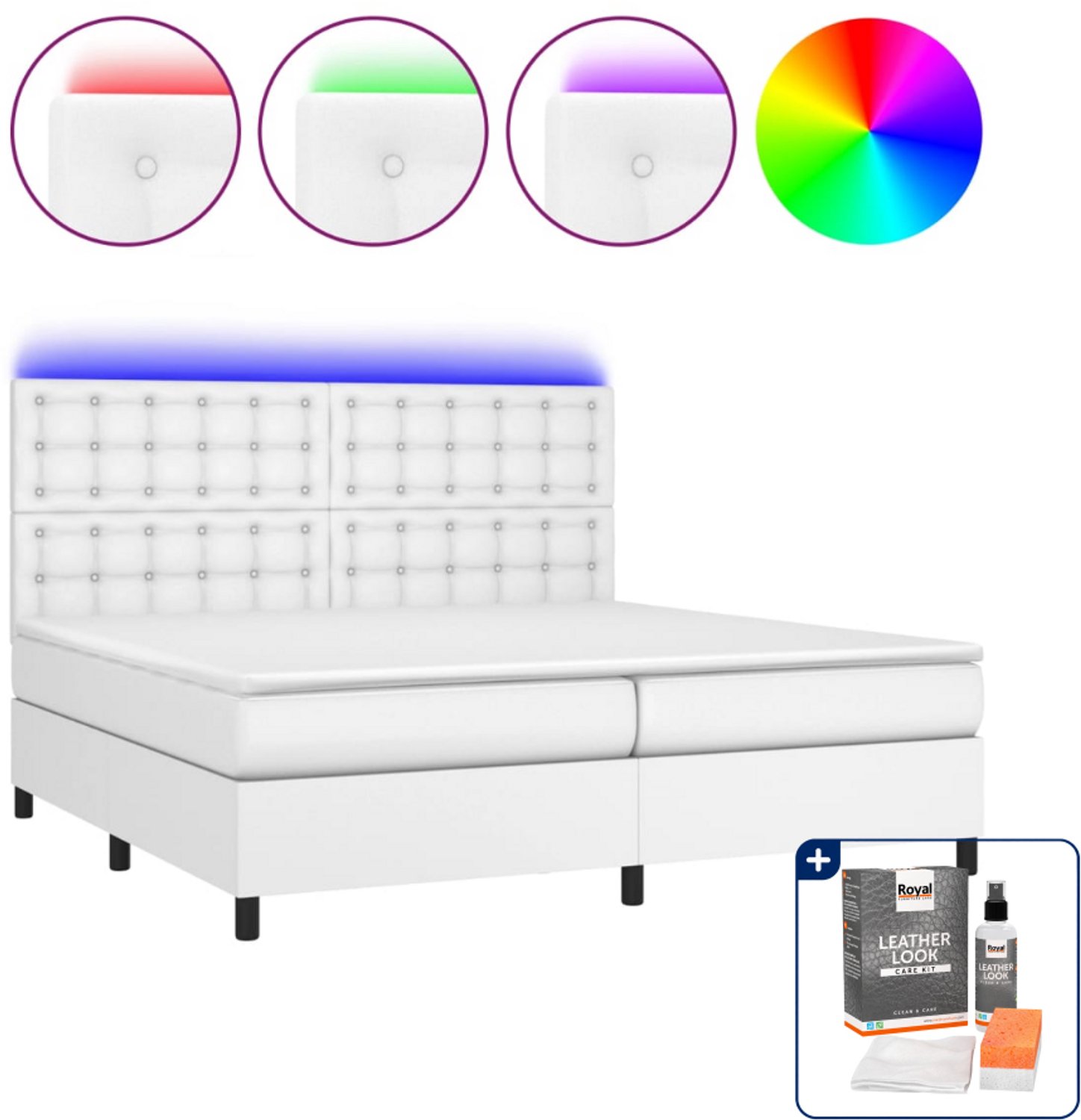 vidaXL boxspring met matras en LED - Super kingsize - 200x200 cm - wit - Inclusief onderhoudsset voor kunstleer 150 ml