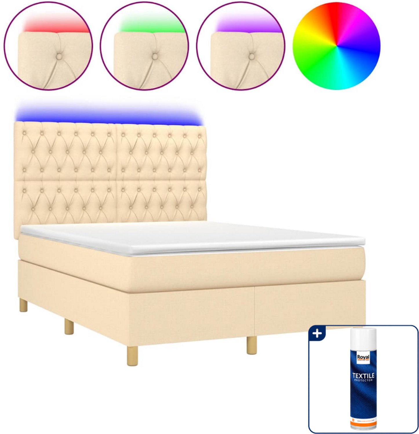vidaXL boxspring met matras en LED - 140 x 190 cm - stof - crème - Inclusief textielbeschermer 500 ml