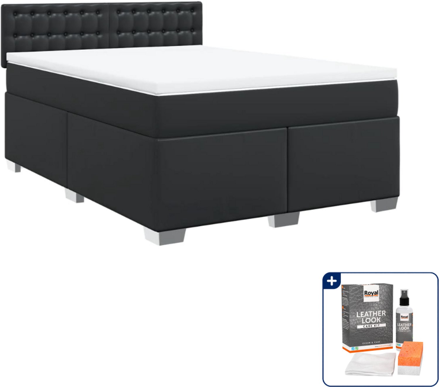 vidaXL boxspring met matras - Small double - 140 x 200 cm - zwart - Inclusief onderhoudsset voor kunstleer 150 ml