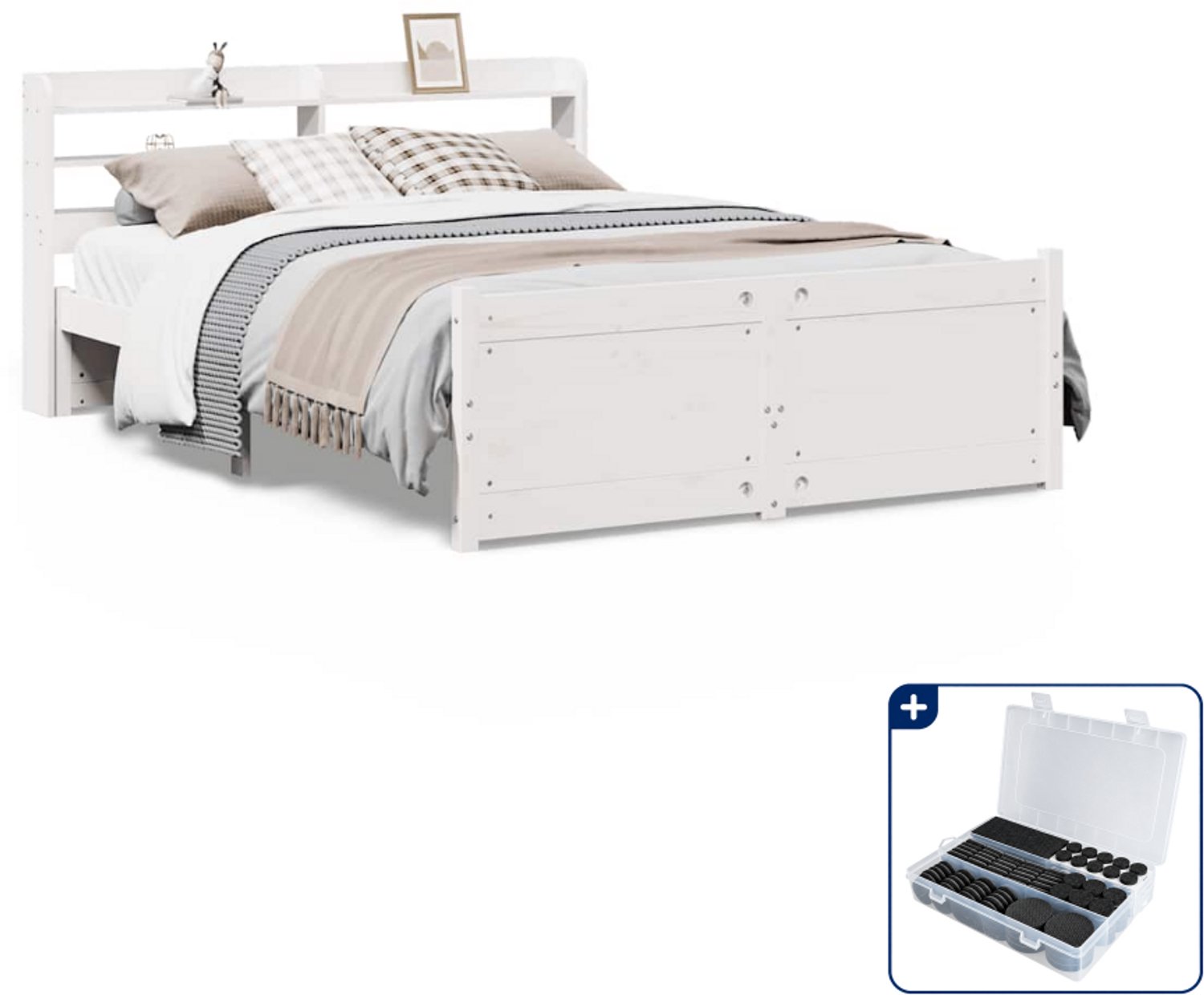 vidaXL bedframe - 140 x 190 cm - massief grenenhout - wit - Inclusief antikrasvilt 177-delig Bruin