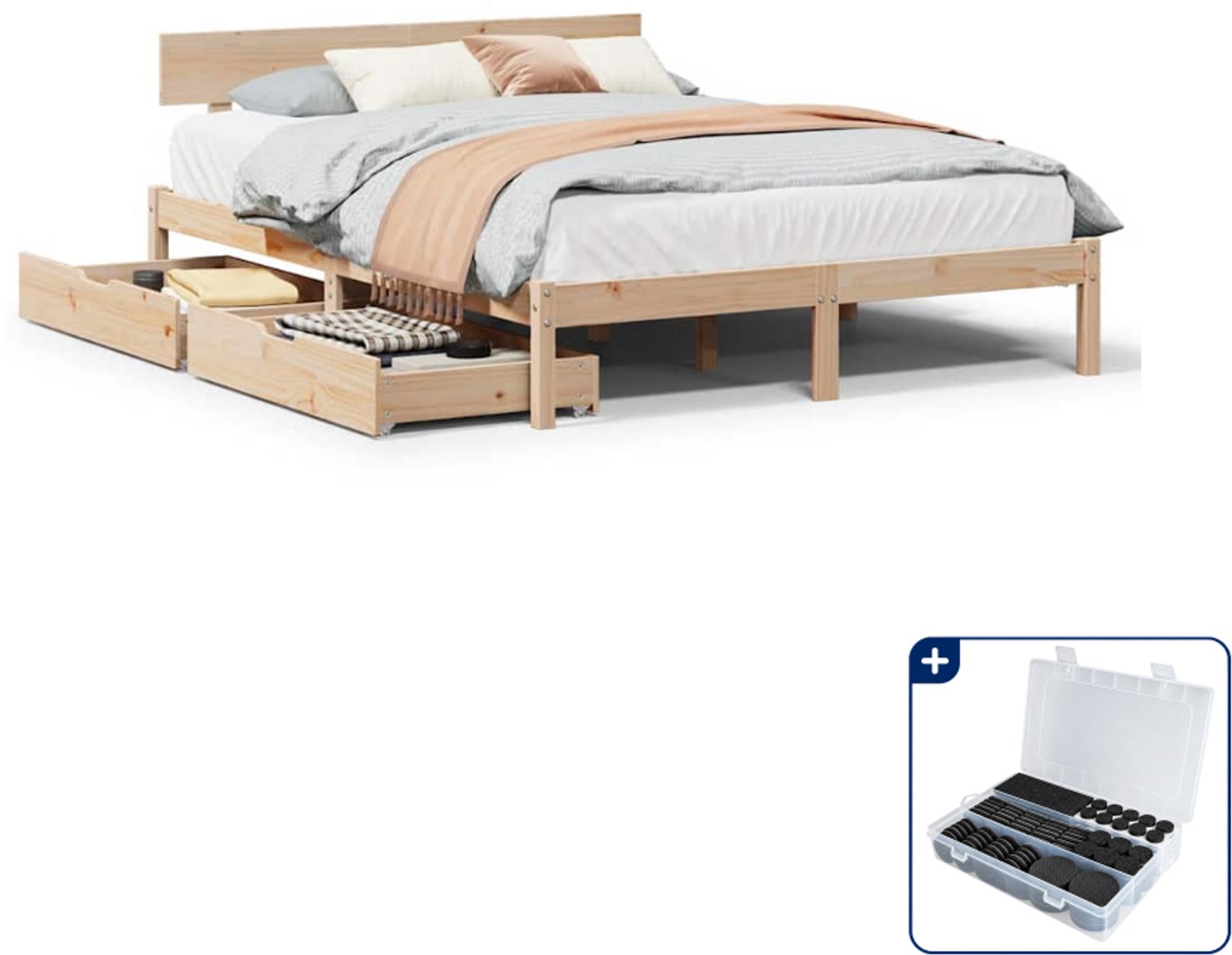 vidaXL bedframe met 2 lades - 140 x 190 cm - massief grenenhout - Inclusief antikrasvilt 177-delig Bruin