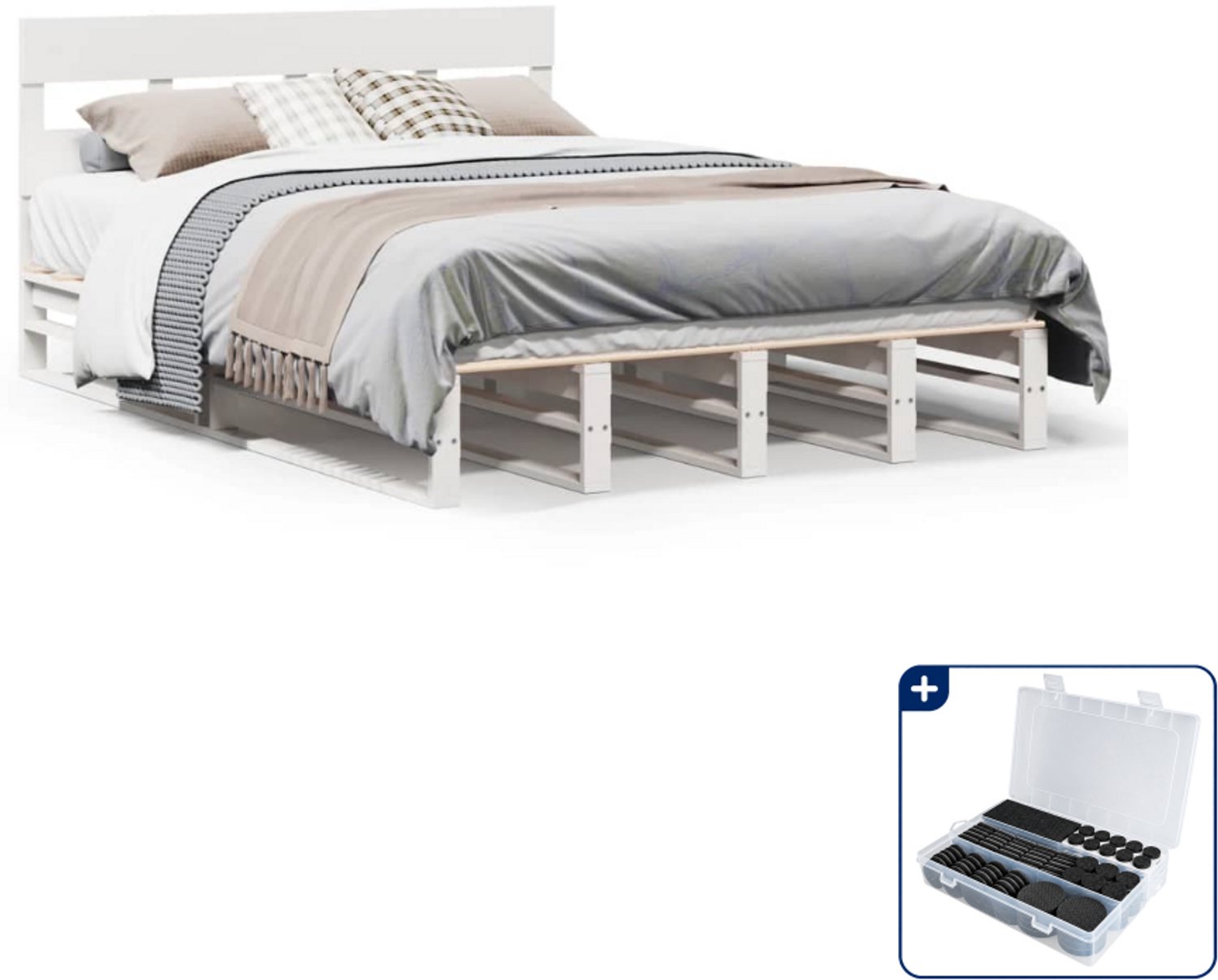 vidaXL Queensize bedframe - 160 x 200 cm - massief grenenhout - wit - Inclusief antikrasvilt 177-delig Bruin