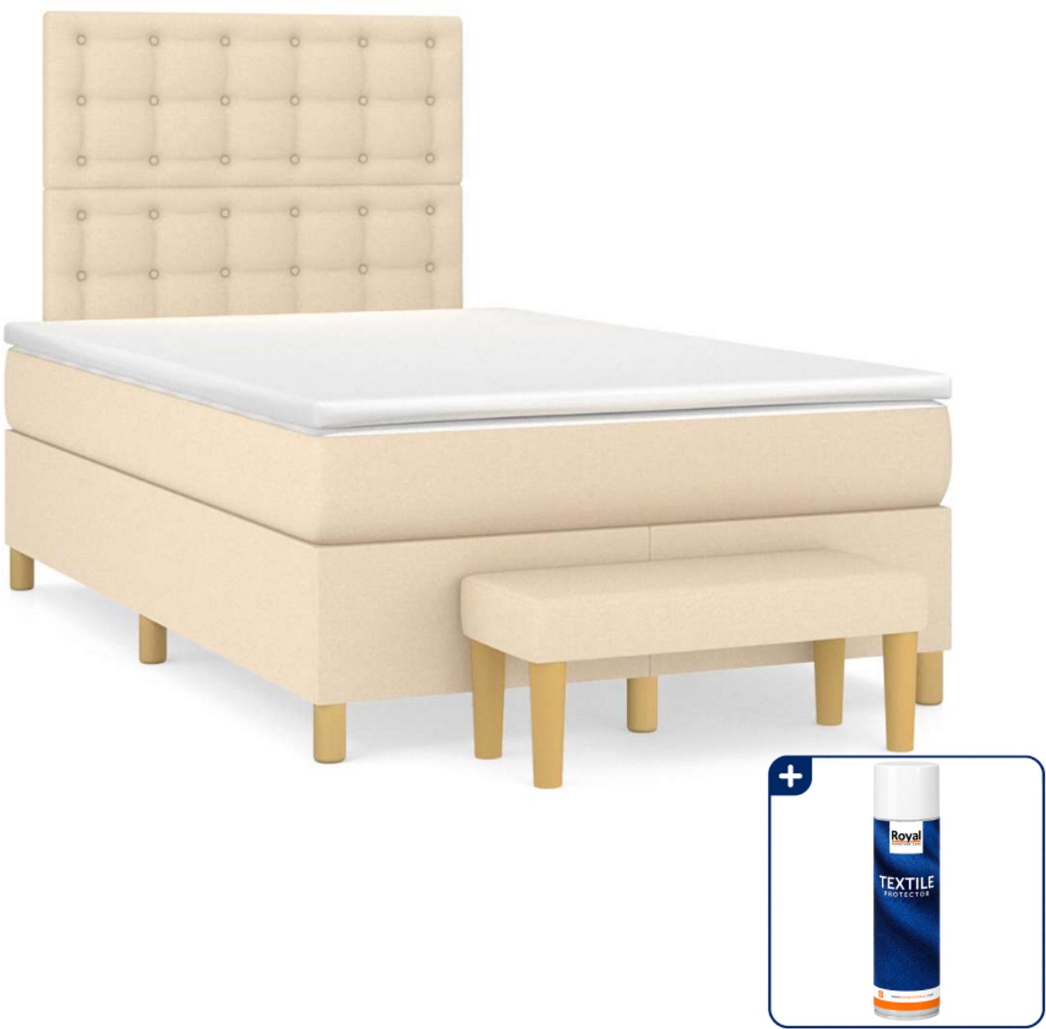 vidaXL boxspring met matras en bankje - 120 x 190 cm - crème - Inclusief textielbeschermer 500 ml