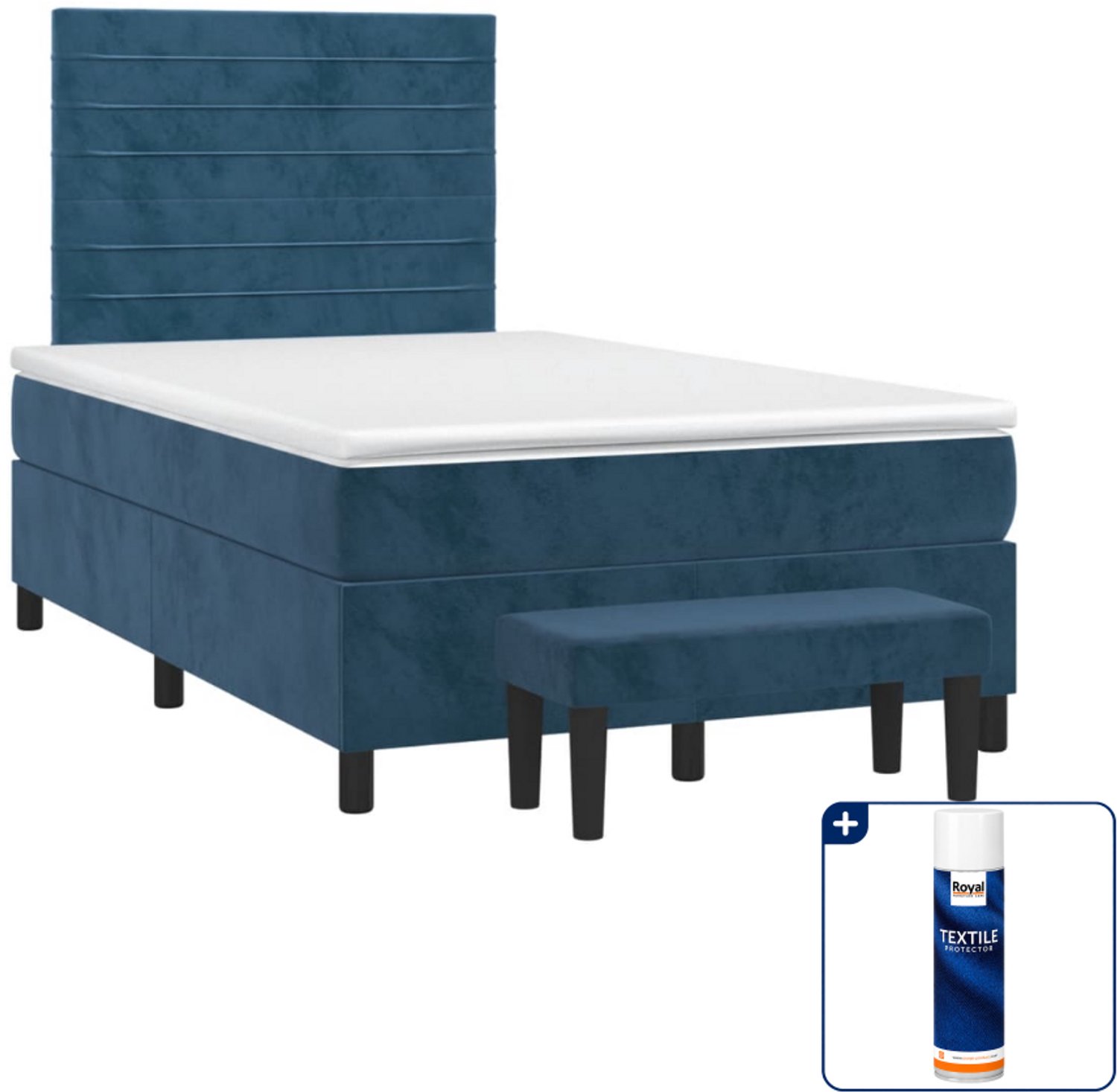 vidaXL boxspring met matras en bankje - 120 x 190 cm - fluweel - donkerblauw - Inclusief textielbeschermer 500 ml