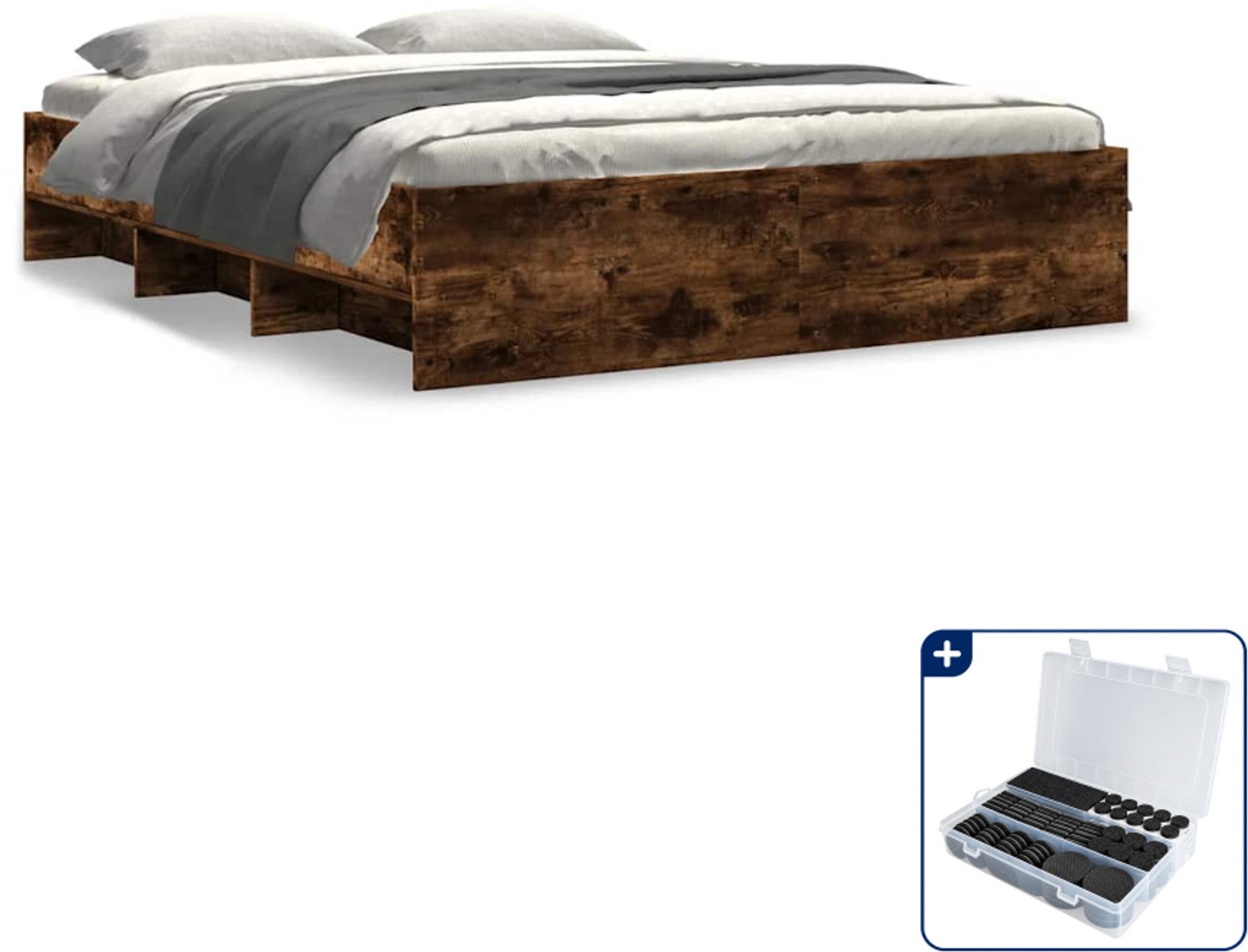 vidaXL bedframe Queensize - 160 x 200 cm - bewerkt hout - gerookt eiken - Inclusief antikrasvilt 177-delig Wit