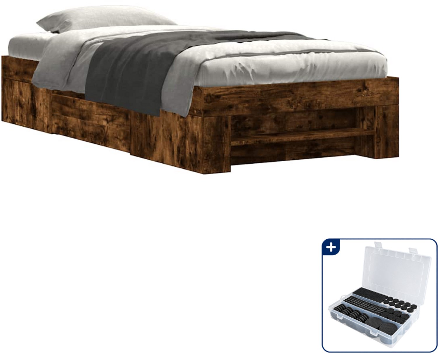 vidaXL bedframe - 90 x 190 cm - bewerkt hout - gerookt eiken - Inclusief antikrasvilt 177-delig Wit