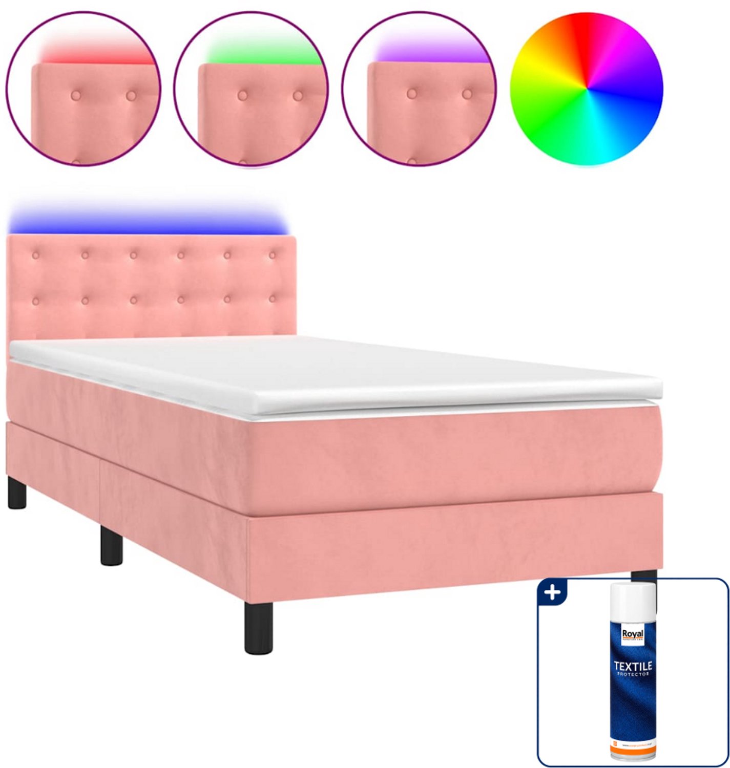 vidaXL boxspring met matras en led - 100 x 200 cm - fluweel - roze - Inclusief textielbeschermer 500 ml
