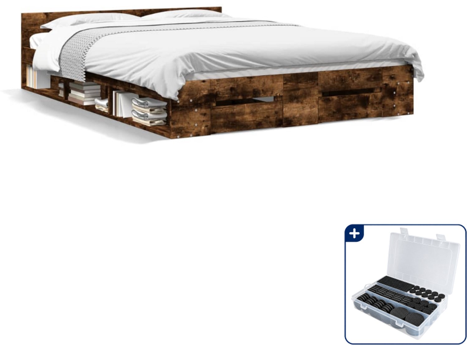 vidaXL bedframe met lades - 150 x 200 cm - bewerkt hout - gerookt eiken - Inclusief antikrasvilt 177-delig Zwart