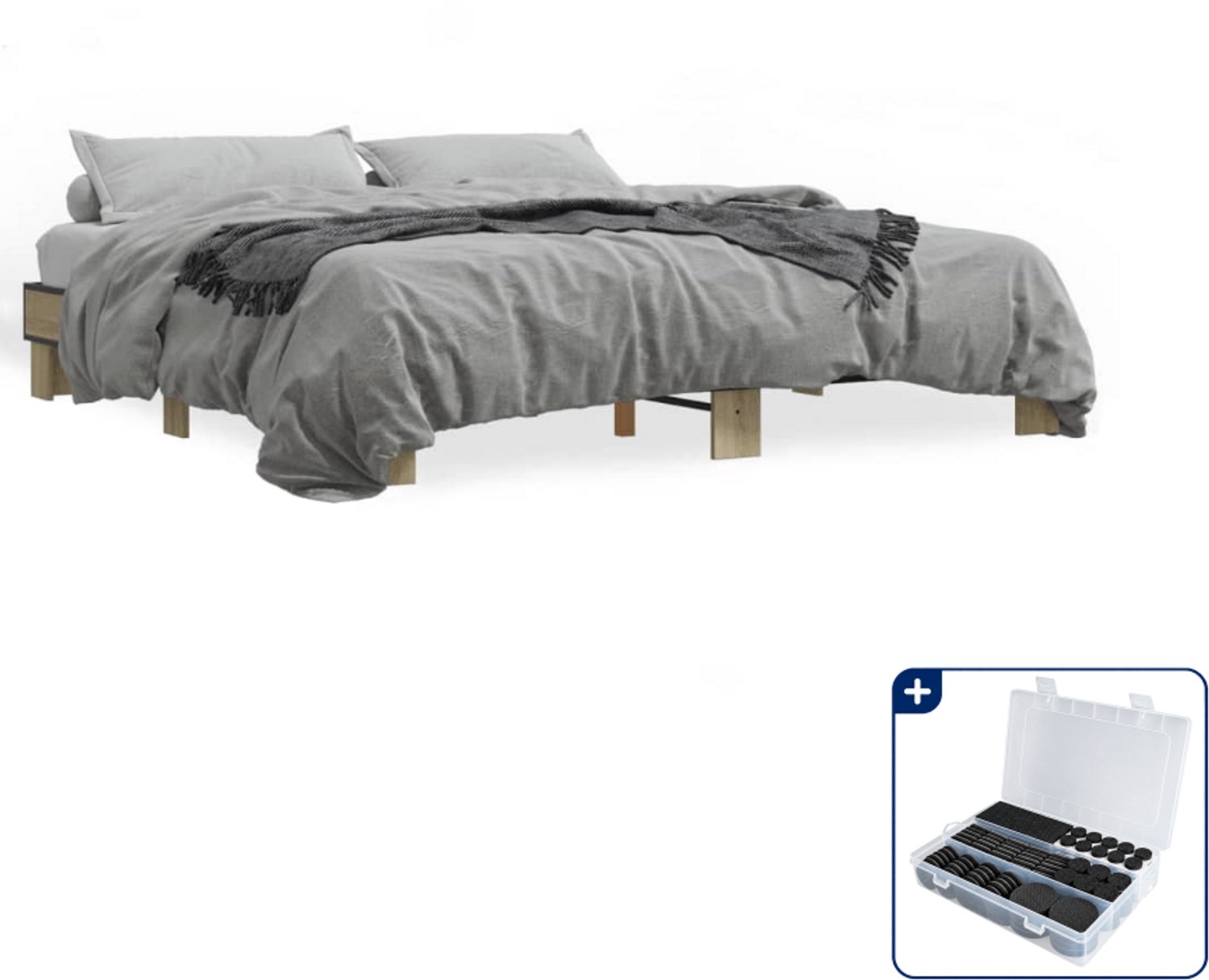 vidaXL bedframe - 200 x 200 cm - bewerkt hout en metaal - sonoma eiken - Inclusief antikrasvilt 177-delig