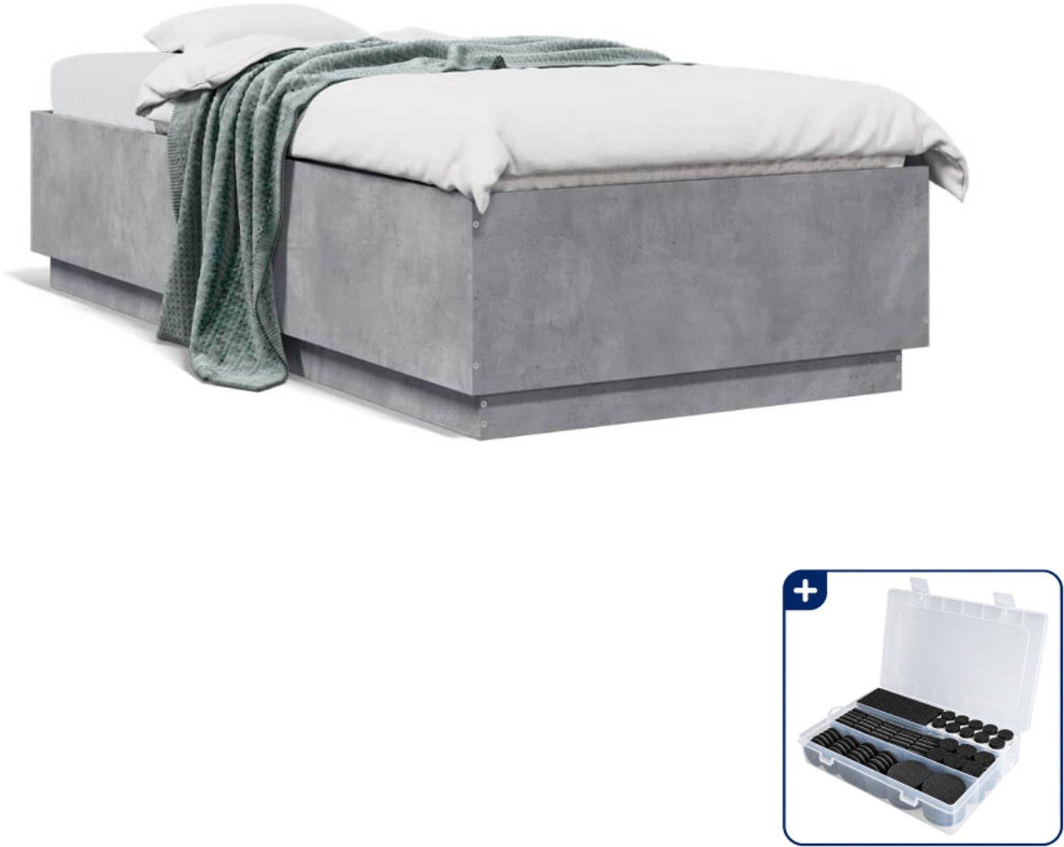 vidaXL bedframe - 90 x 200 cm - bewerkt hout - betongrijs - Inclusief antikrasvilt 177-delig