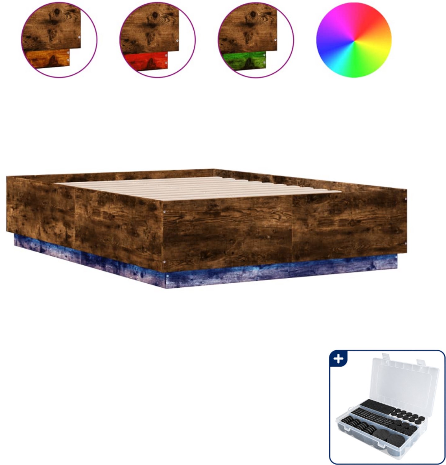vidaXL bedframe met led - 120 x 190 cm - gerookt eiken - Inclusief antikrasvilt 177-delig Grijs