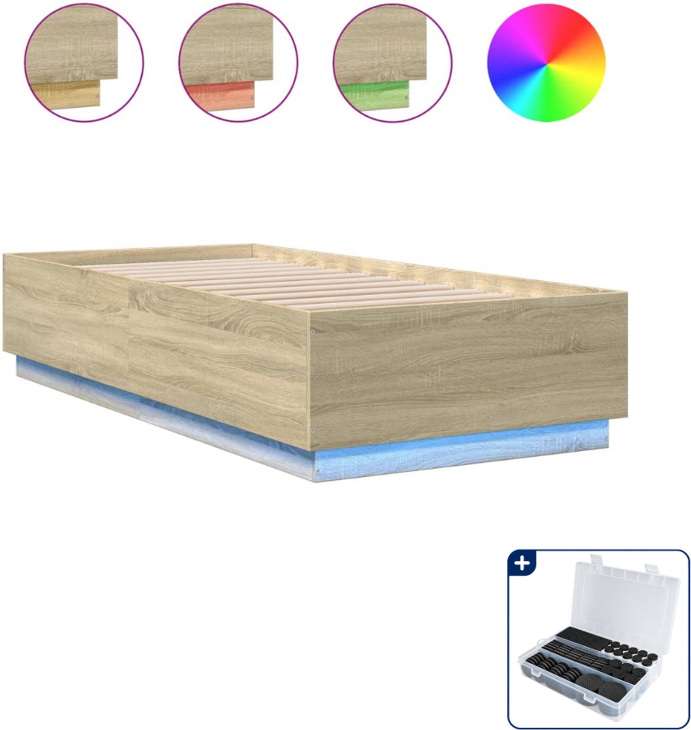 vidaXL bedframe met led - 100 x 200 cm - bewerkt hout - sonoma eiken - Inclusief antikrasvilt 177-delig Grijs