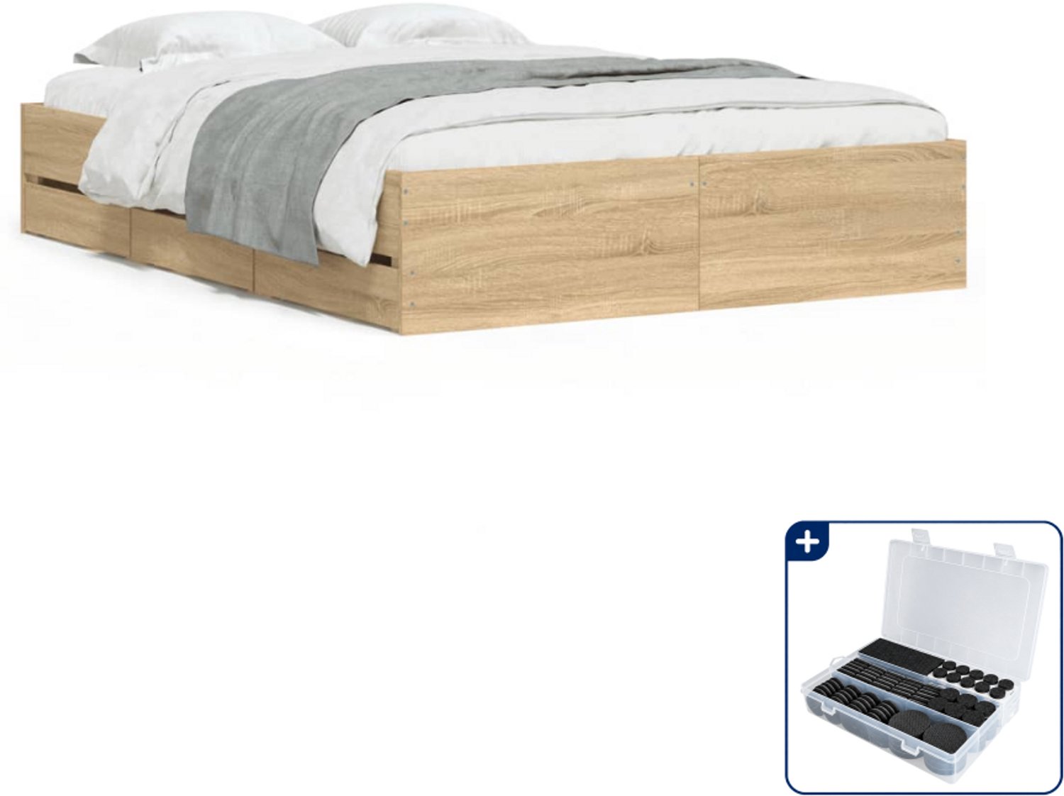 vidaXL bedframe met 6 lades - 135 x 190 cm - bewerkt hout - sonoma eiken - Inclusief antikrasvilt 177-delig Grijs