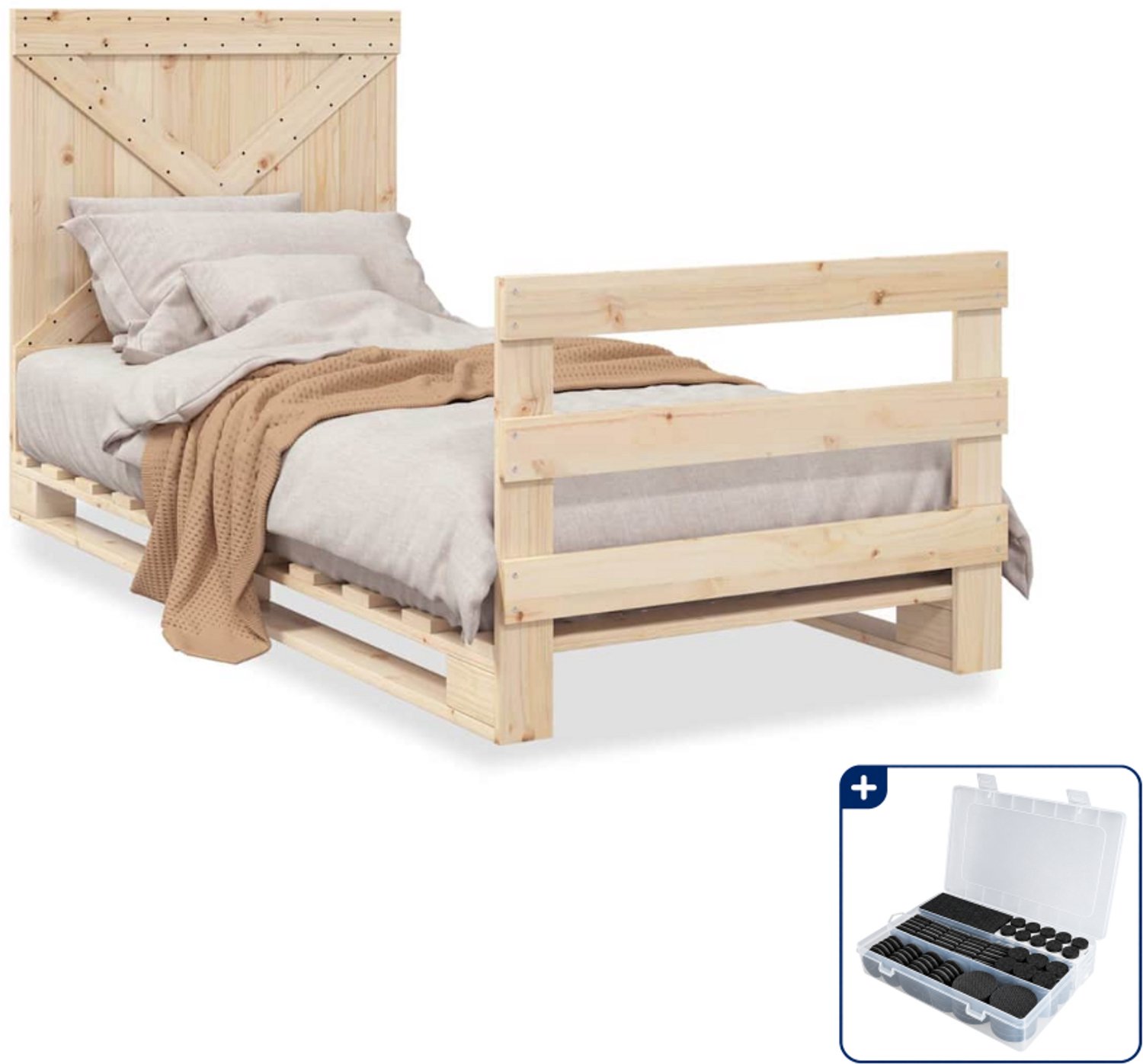vidaXL Bedframe met hoofdbord - 90 x 200 cm - massief grenenhout - Inclusief antikrasvilt 177-delig Bruin