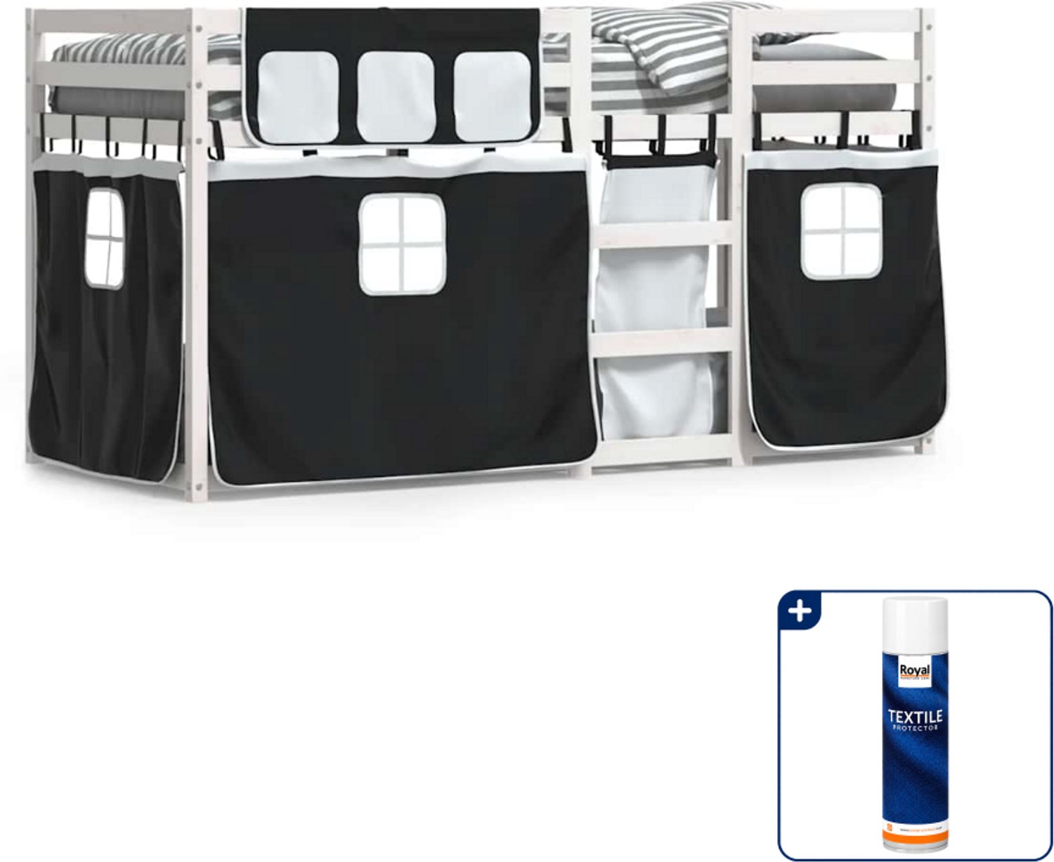 vidaXL stapelbed met gordijnen - 80 x 200 cm - grenenhout - wit - Inclusief textielbeschermer 500 ml Grijs