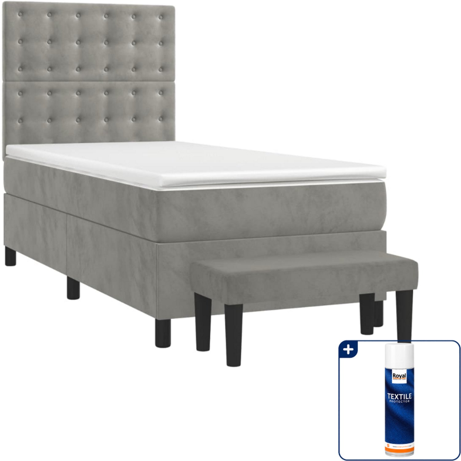 vidaXL boxspring met matras en bankje - 90 x 200 cm - lichtgrijs - Inclusief textielbeschermer 500 ml
